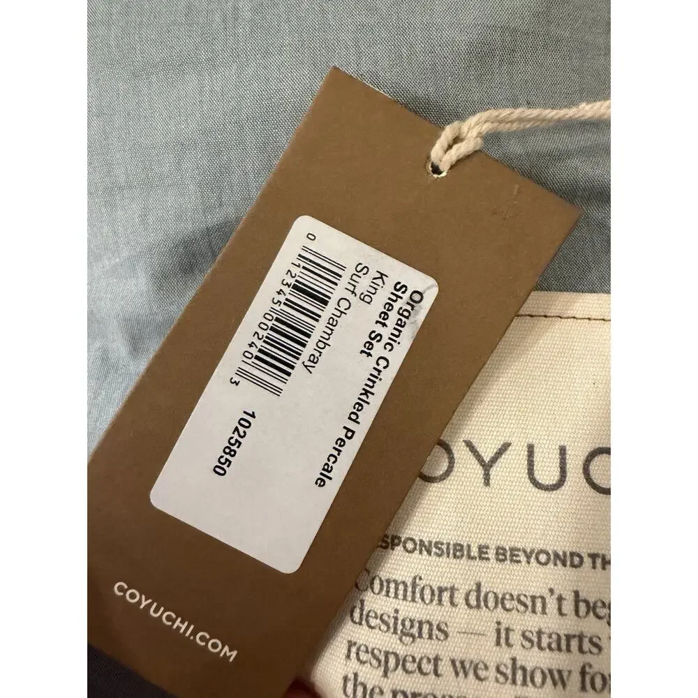 Coyuchi Organic Crinkled Percale Sheet Set 4 Piece King Surf Chambray Blue NWT